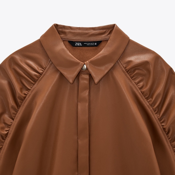 NWT ZARA Warm Cognac Brown Faux Leather Gathered Sleeve Overshirt M - Picture 5 of 6